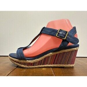 Suzzato women size 10 41 ankle buckle strap denim fabric upper wedge heel sandal